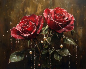 Poster - Two red roses adorned with droplets and pearls on a dark background.