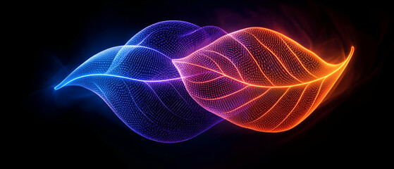 Wall Mural - vibrant abstract leaves glowing in blue and orange hues, creating a striking visual effect against a