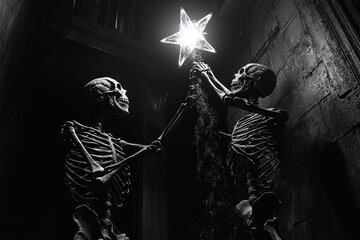 Wall Mural - Two skeletons holding a star in a dark, eerie setting.