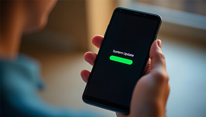 a person holding a smartphone with displaying an updating progress bar for a system update