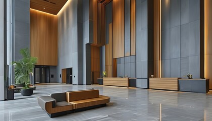 Sleek and Stylish Modern Hotel Lobby Featuring Grey and Wooden Interiors