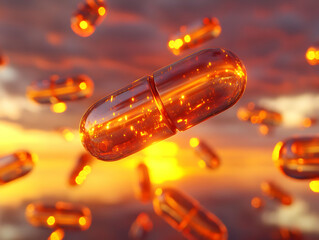 Colorful capsules suspended in mid-air against a stunning sunset backdrop, symbolizing health and wellness.