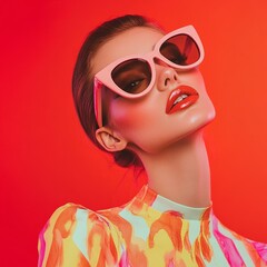 Wall Mural - Fashionable young woman wearing sunglasses studio background bold colors confident and trendy pose