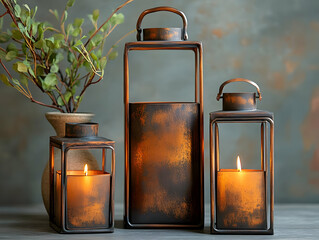 Elegant lanterns with flickering candles create a warm and inviting atmosphere, perfect for home decor or event styling.