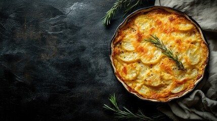 Wall Mural - Top view of potato gratin with crispy edges, placed on a rustic table with space for text