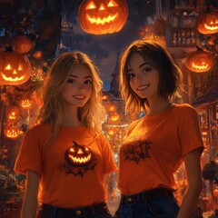 Two women in Halloween-themed attire amid glowing pumpkins.