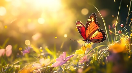 Canvas Print - Colorful Butterfly flowers. Spring leaf grass