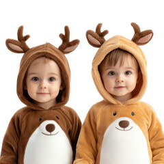 Two adorable children wearing festive animal-themed outfits with antlers, perfect for holiday-themed photography. transparent background