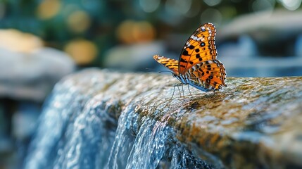 Canvas Print - Butterfly perched on the edge of a flowing water fountain wallpaper