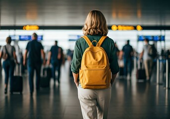 Tourist travelling in airport with yellow backpack stock photo