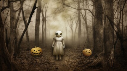 A spooky figure stands in a foggy forest with two jack-o'-lanterns.