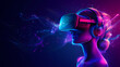 © Thiago - Vr headset on futuristic neon background, innovation virtual reality technology concept, generative ai. Virtual Reality. Illustration