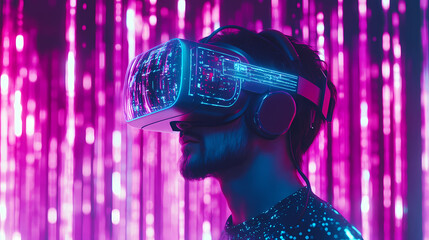 Wall Mural - Young man wearing a virtual reality headset with vibrant neon lights, immersed in a futuristic digital world. concept of technology, innovation, and virtual reality. Virtual Reality. Illustration