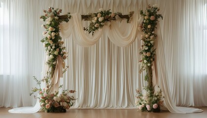 enchanting floral arch with satin drapes, elegant wall backdrop for a dreamy wedding celebration.