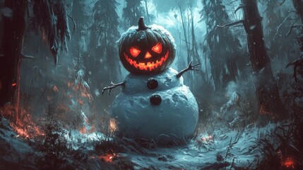 Wall Mural - A spooky snowman with a jack-o-lantern head stands in a snow-covered forest.