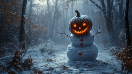 Wall Mural - A spooky snowman with a jack-o-lantern head stands in a snow-covered forest.