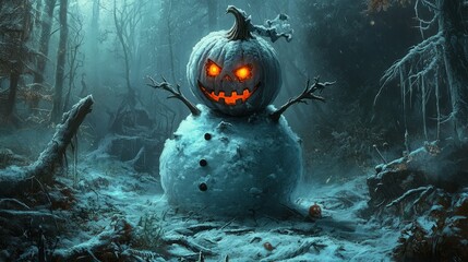 Wall Mural - A spooky snowman with a pumpkin head stands in a dark, snowy forest.