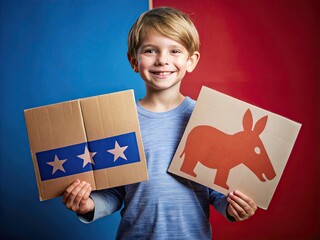 A smiling young boy holds a split cardboard sign with blue and red halves, symbolizing unity between opposing political parties in a playful manner.