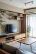 © Emily88 - a serene living room corner in a small, minimal apartment, featuring a sofa, TV counter, and bookshelf, all while embracing Wabi-Sabi Japandi design principles