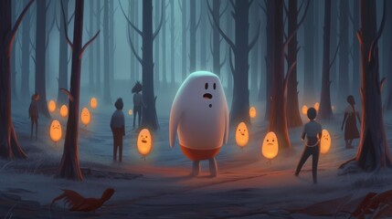 A white creature walks through a forest with glowing figures, a woman and a man in the distance.