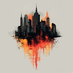 Sticker - Urban skyline illustration with fiery colors and abstract elements.