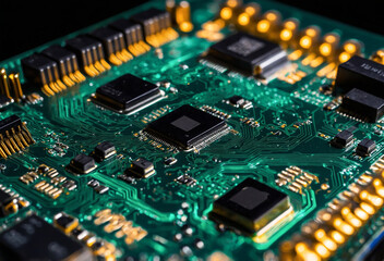 close-up circuit board with intricate details and glowing paths