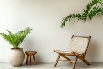 a serene home coffee relax corner that blends Japandi style ,featuring a wooden chair, a round table, and potted plant 