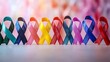 © Darunee - A row of ribbons of different colors on a soft-focus background, symbolizing various types of cancer awareness