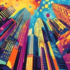 Wall Mural - Vibrant cityscape with colorful skyscrapers and dynamic sky.