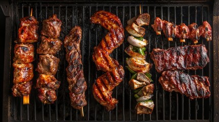 Wall Mural - A dynamic image of a barbecue spread featuring various marinated meats, including chicken wings, beef kebabs, and pork ribs, ready for grilling.