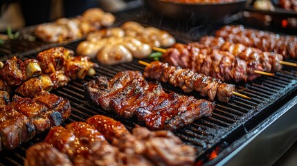 Wall Mural - A dynamic image of a barbecue spread featuring various marinated meats, including chicken wings, beef kebabs, and pork ribs, ready for grilling.