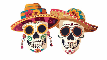 Mexican Hipster Skull Couple Flat Vector Isolated