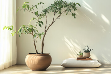 a serene home coffee relax corner that blends Japandi style ,featuring a wooden chair, a round table, and potted plant 