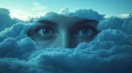 Wall Mural - A woman's face is shown in the clouds, with her eyes looking out into the sky