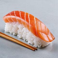 Asian japanese food made from raw salmon fish, sushi sashimi rice and avocado, isolated in light grey background