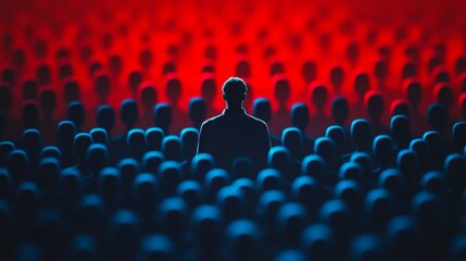 Wall Mural - A man stands in the middle of a crowd of people, with the crowd surrounding him