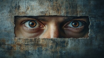 Wall Mural - A man's face is shown through a hole in a wall