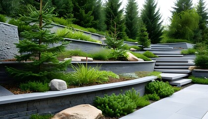 Contemporary garden design featuring retaining walls, stylish stairs, coniferous greenery, and a relaxing chill-out area.