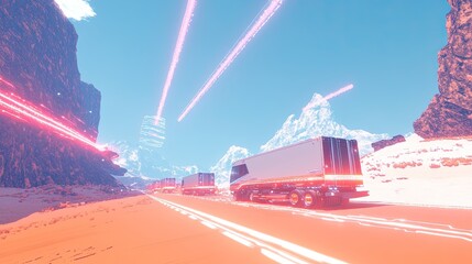 Wall Mural - Futuristic cargo trucks driving through advanced city