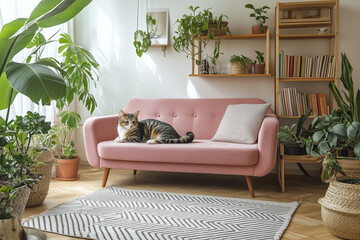 Wall Mural - a serene living room corner in a small, minimal apartment, featuring a sofa, TV counter, and bookshelf, all while embracing Wabi-Sabi Japandi design principles