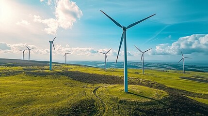 Sticker - Wind turbines in a green landscape under a blue sky.