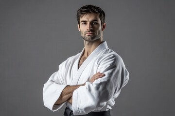 A man in a white karate uniform stands with his arms crossed, generative ai image