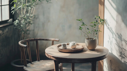 Wall Mural - a serene home coffee relax corner that blends Japandi style ,featuring a wooden chair, a round table, and potted plant 