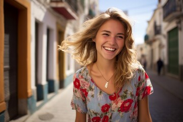 Poster - A woman with long blonde hair is smiling