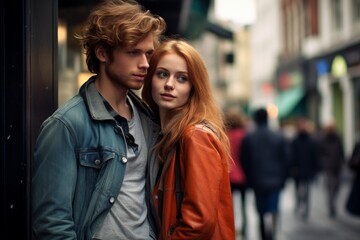 Poster - A man and a woman are standing in front of a building, looking at each other