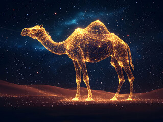 A glowing, futuristic camel stands majestically against a starry night sky, symbolizing travel and adventure in the desert.