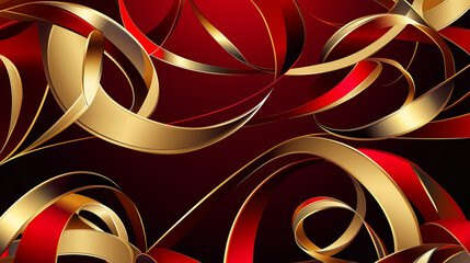 Red and gold swirling ribbons on a dark background, festive atmosphere, elegant design, copy space