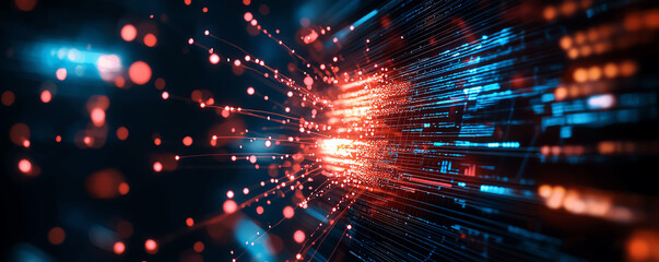 Vibrant abstract background featuring digital particles and light trails in blue and red, perfect for technology themes.