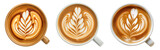 A set of coffee latte art, flat lay top down view, isolated against a transparent background
