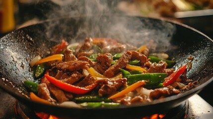 Wall Mural - A dynamic shot of a sizzling pork stir-fry in a wok, with colorful bell peppers, onions, and snap peas, being tossed and cooked over high heat.